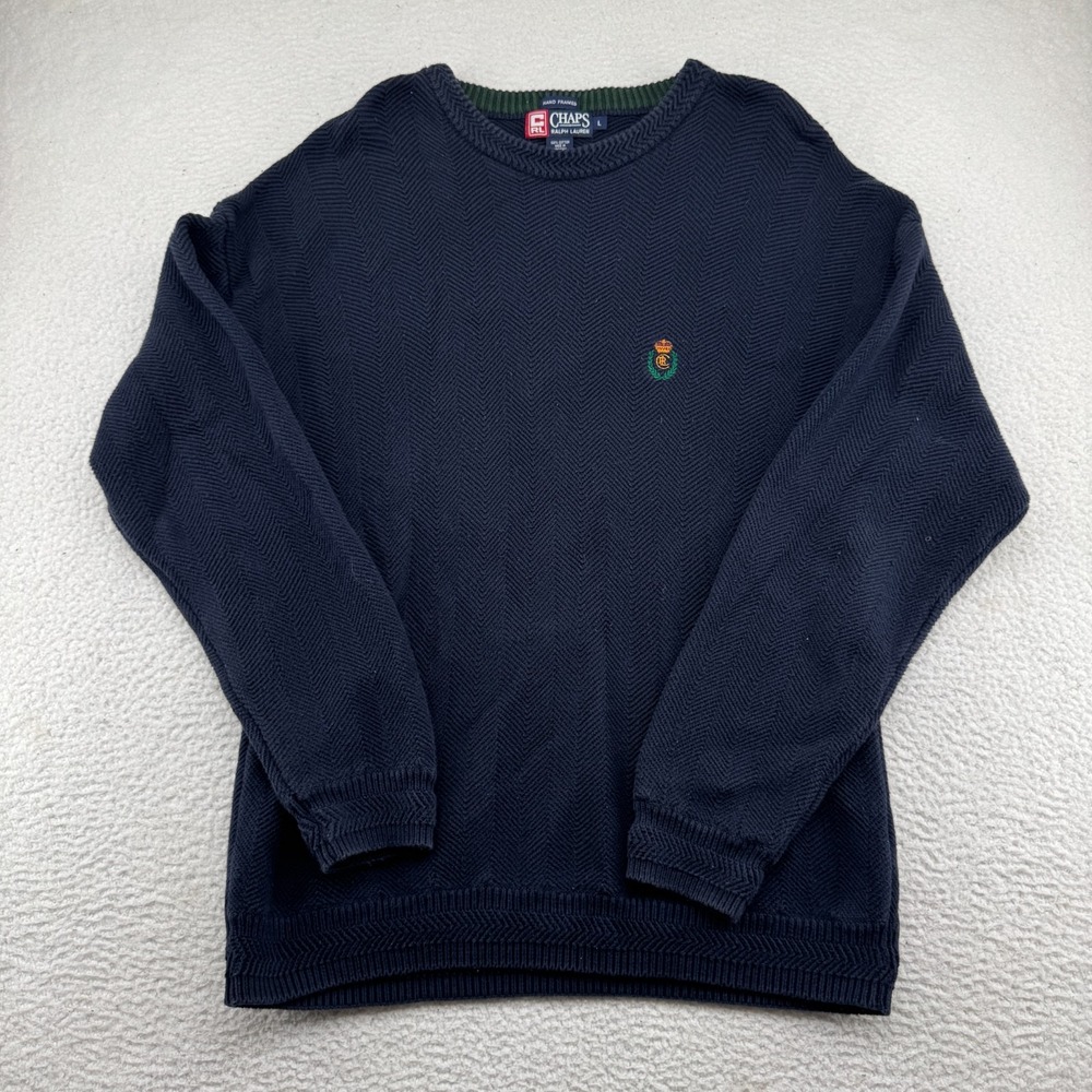 Vintage Chaps Ralph Lauren Knit Sweater Mens Large Navy Blue Hand Framed Heavy